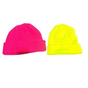 Urban Outfitters Neon Beanie Hat Set 2 Pink Yellow Knit Cuffed One Size Unisex